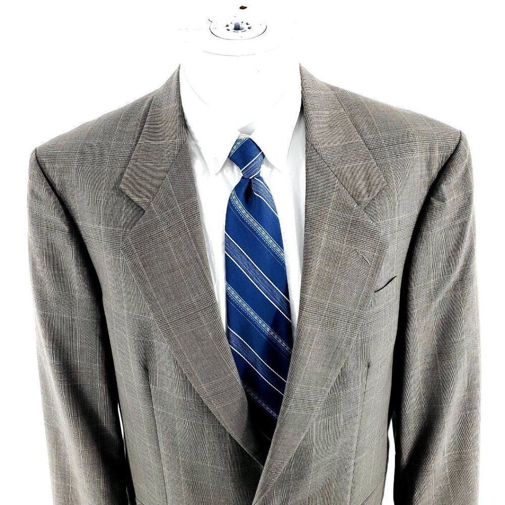 Oscar De La Renta Wool 2 Button Blazer 42l Beige Plaid Green Blue Windowpane